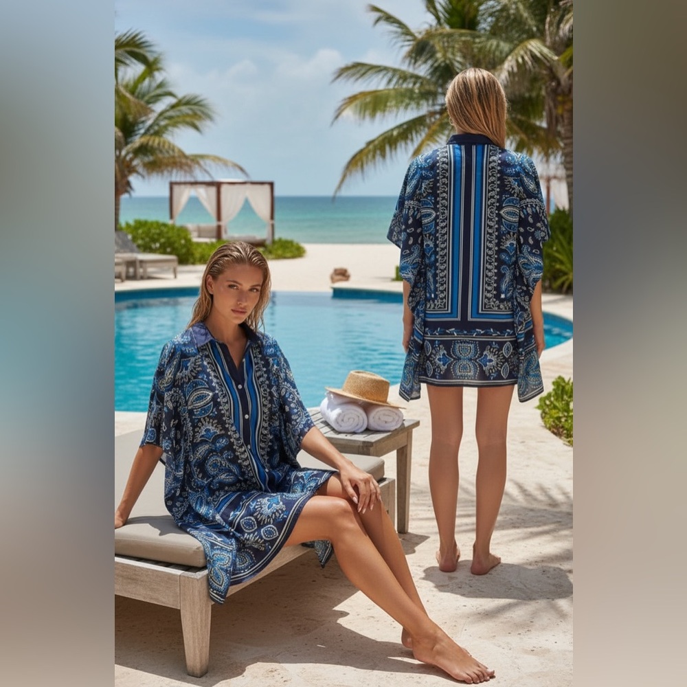 Lands end caftan swim cover up paisley size M 10-12